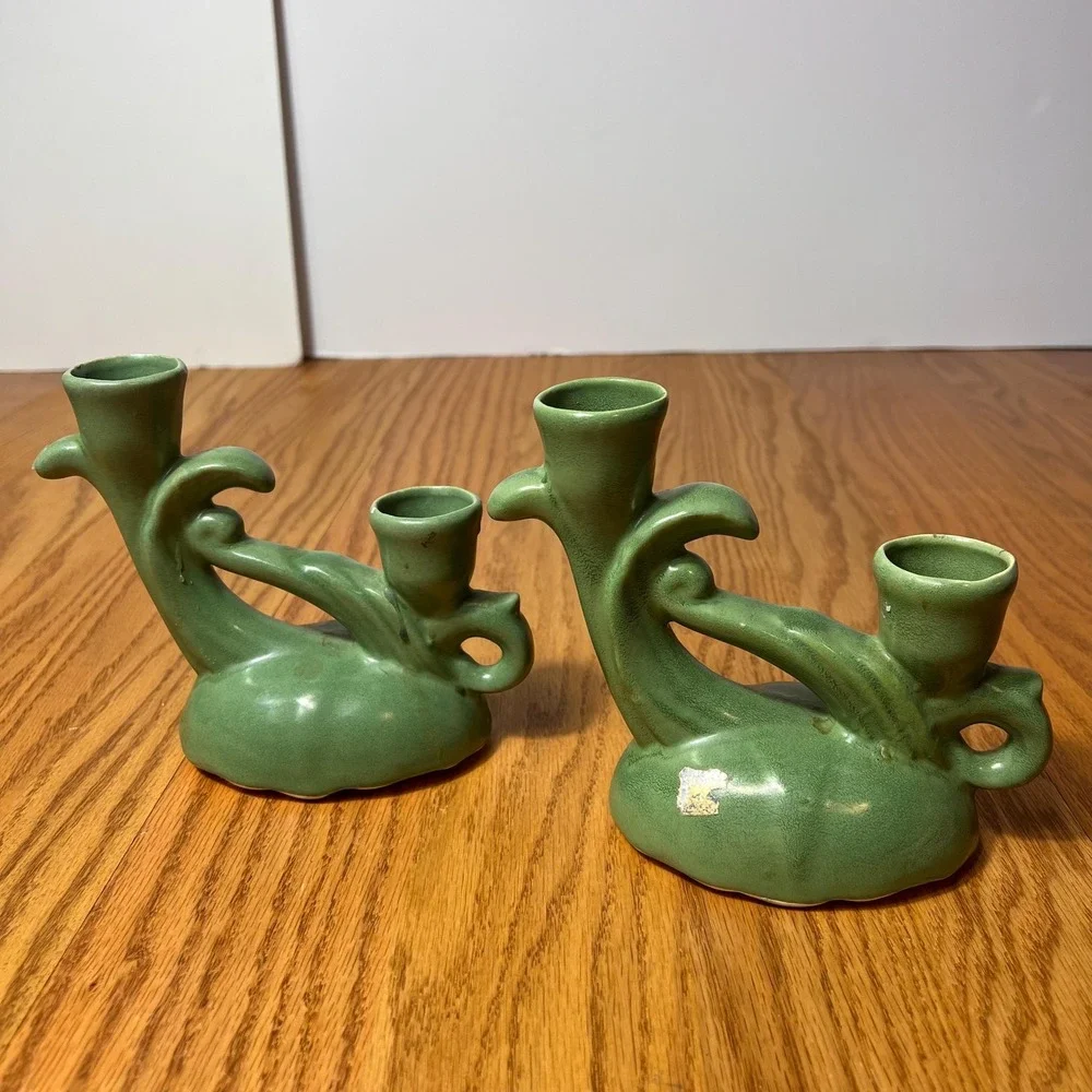 VTG Camark Pottery Pair of Green Double Candle Holders Mid Century Matte Glaze